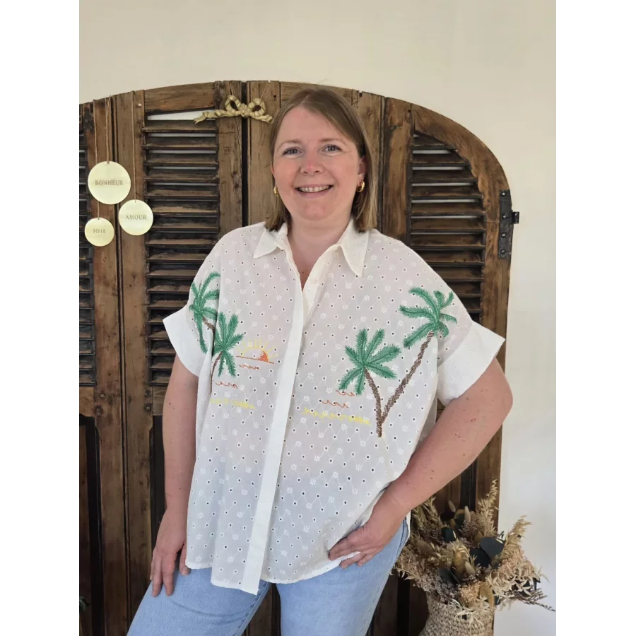 Chemise Ariane broderie anglaise blanche et palmiers brodés