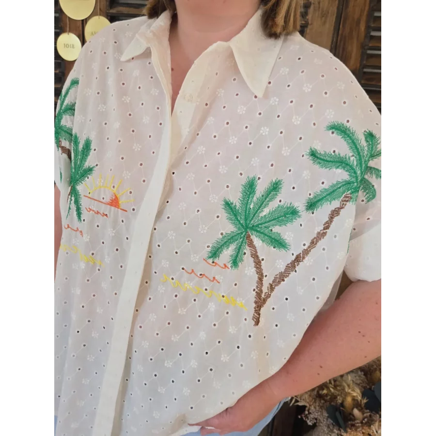 Chemise Ariane broderie anglaise blanche et palmiers brodés