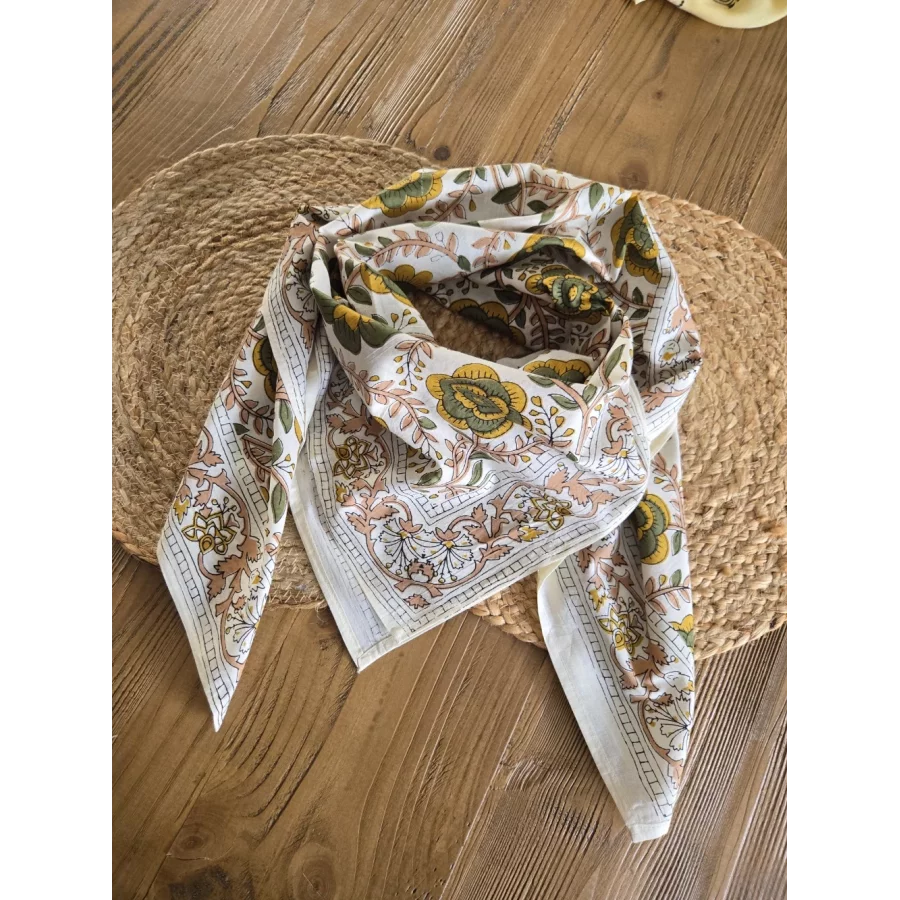 Foulard carré coton fleurs kaki et taupe