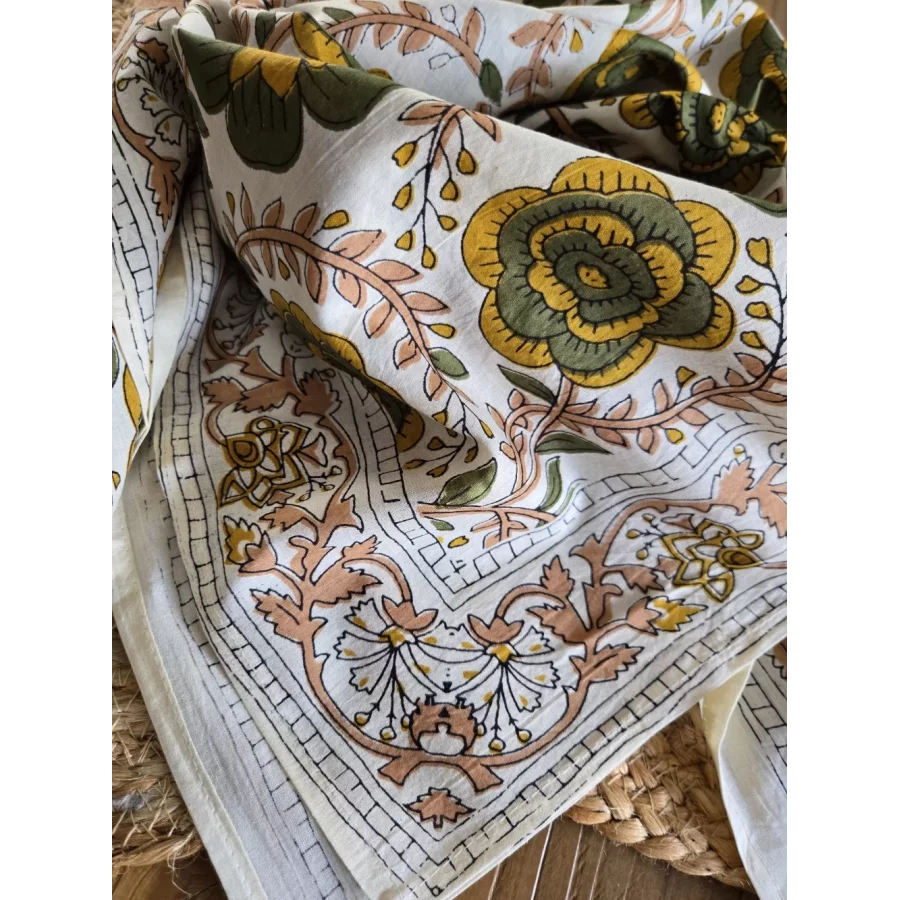 Foulard carré coton fleurs kaki et taupe