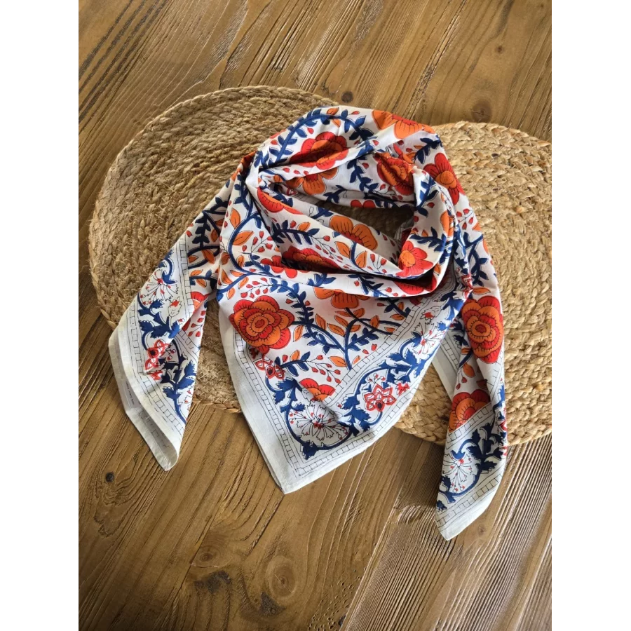 Foulard carré coton fleurs orange et marine