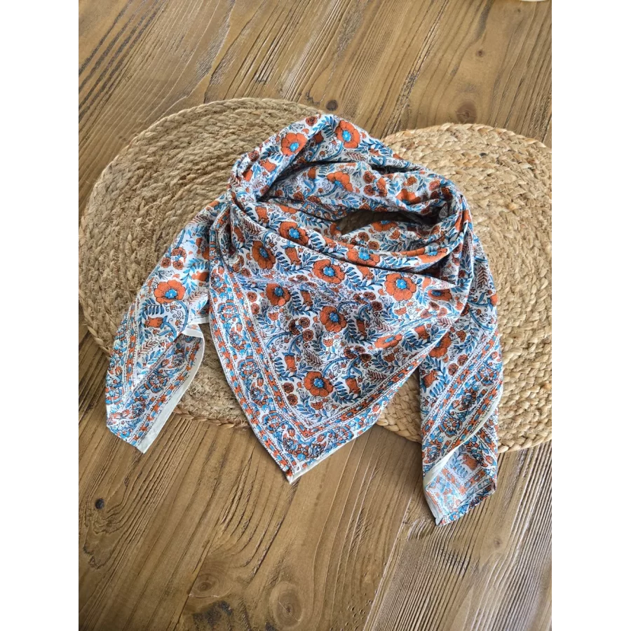 Foulard carré coton fleurs orange et turquois