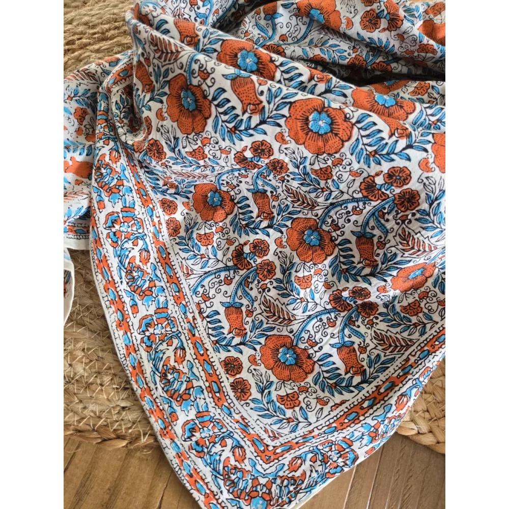 Foulard carré coton fleurs orange et turquois
