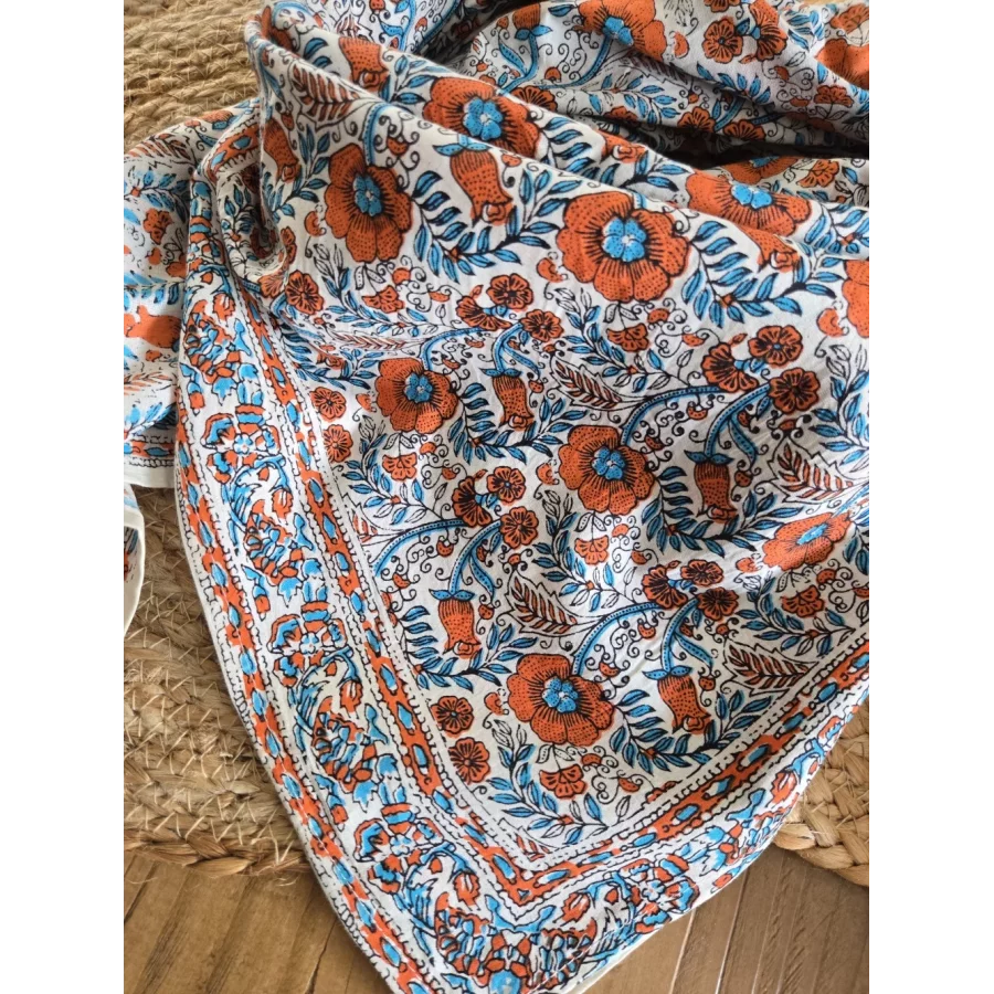 Foulard carré coton fleurs orange et turquois