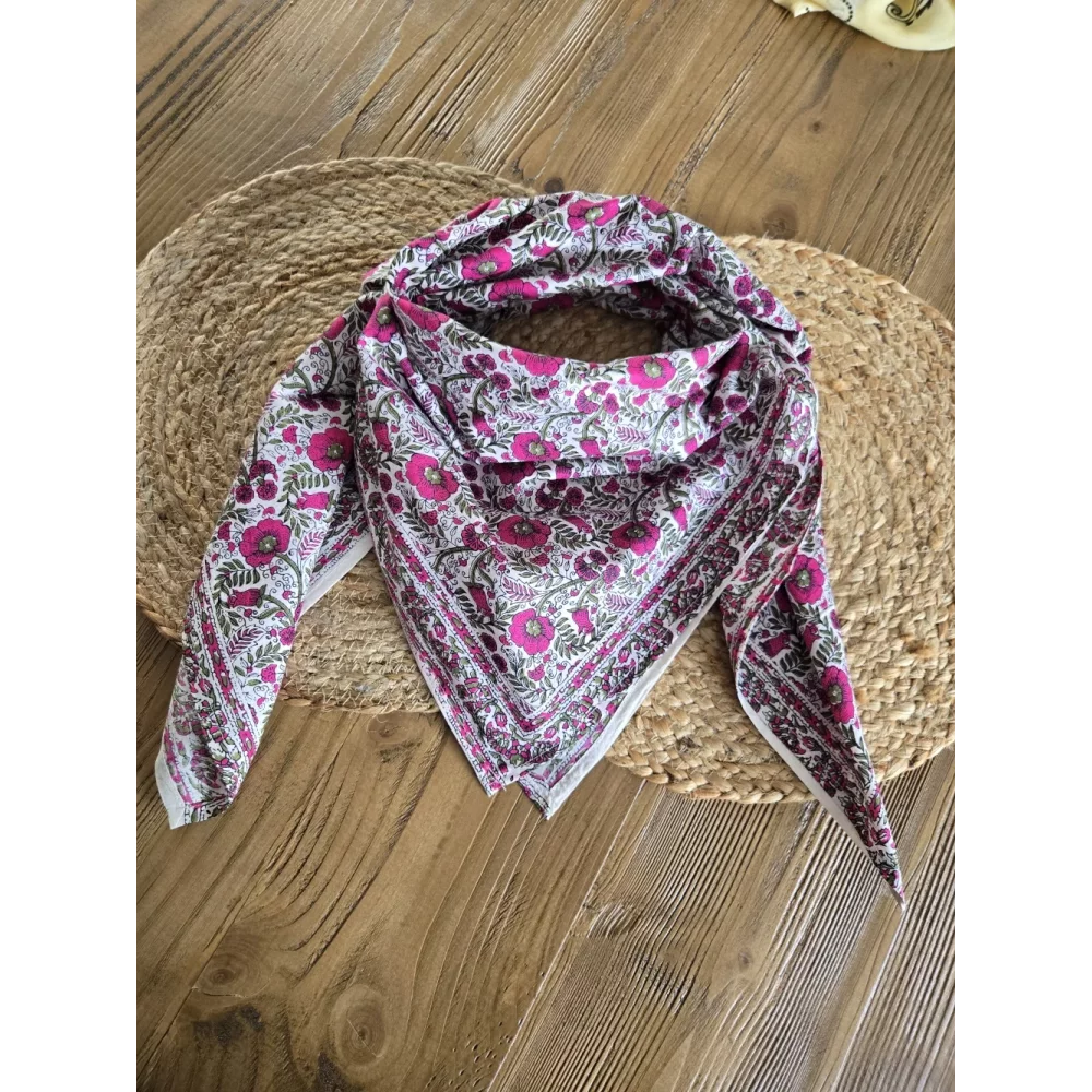 Foulard carré coton fleurs fuchsia et kaki
