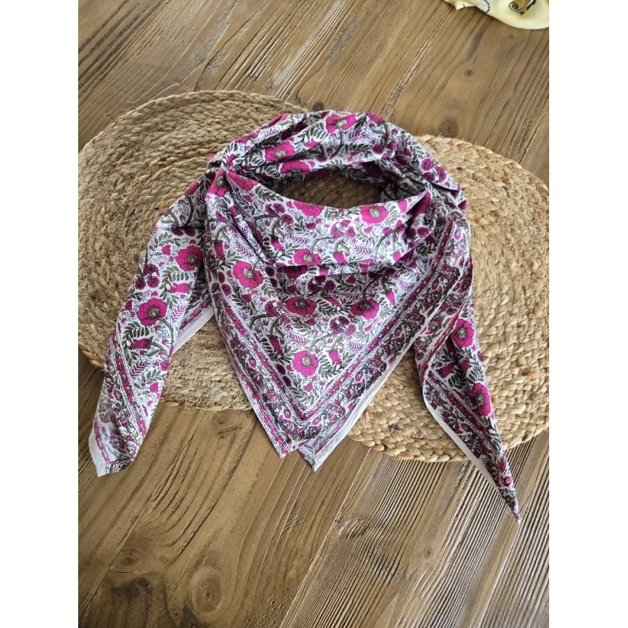 Foulard carré coton fleurs fuchsia et kaki