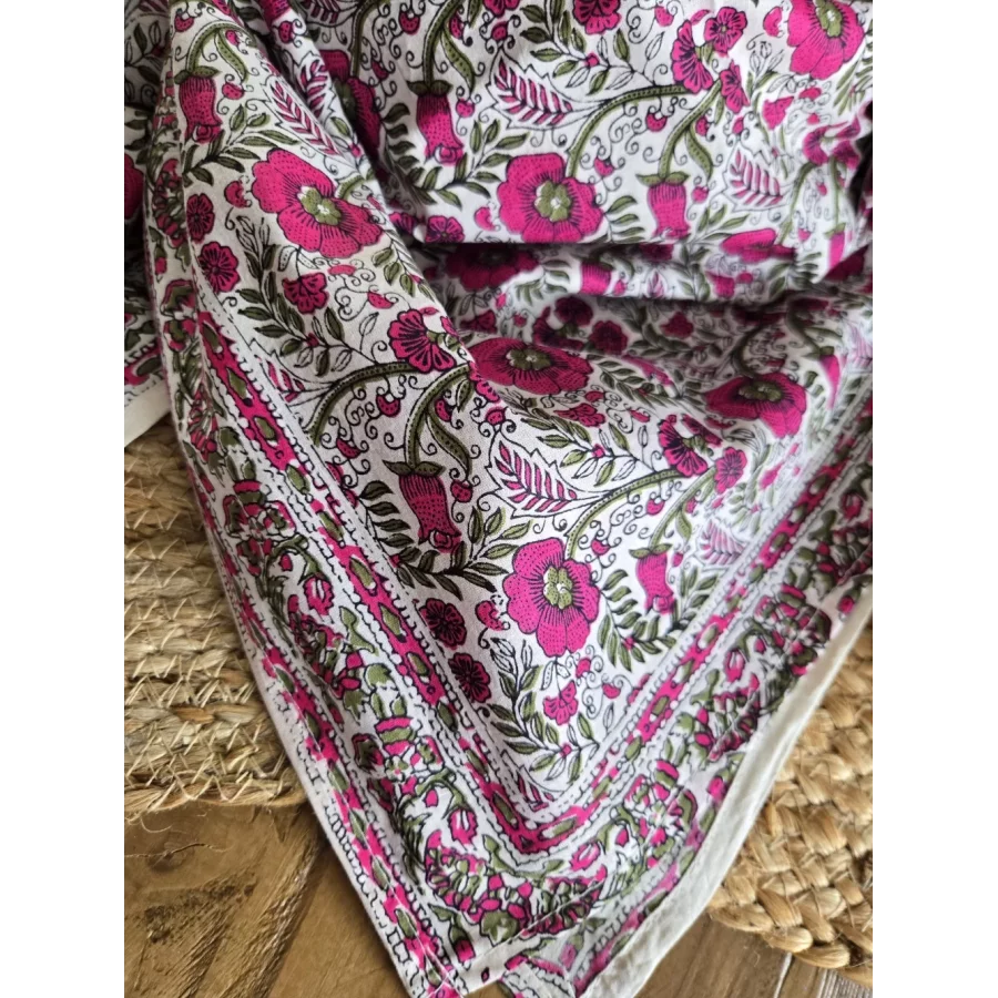 Foulard carré coton fleurs fuchsia et kaki