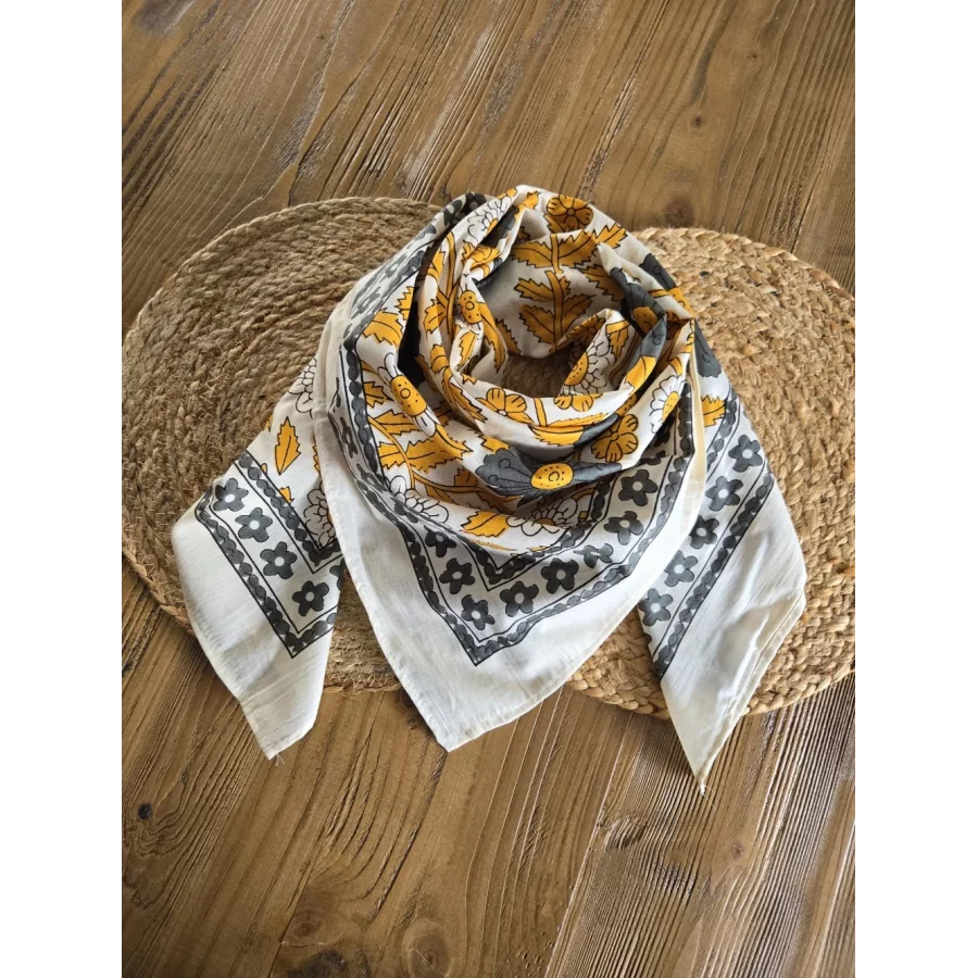 Foulard carré en coton moutarde et gris