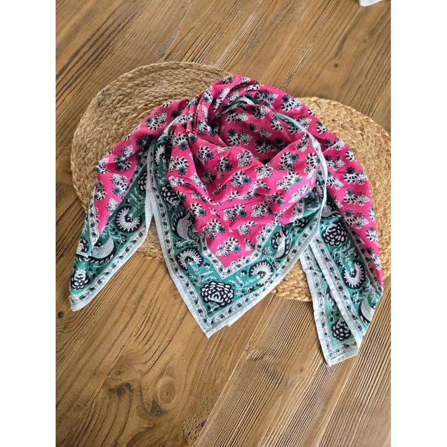 Foulard carré en coton fuchsia et vert