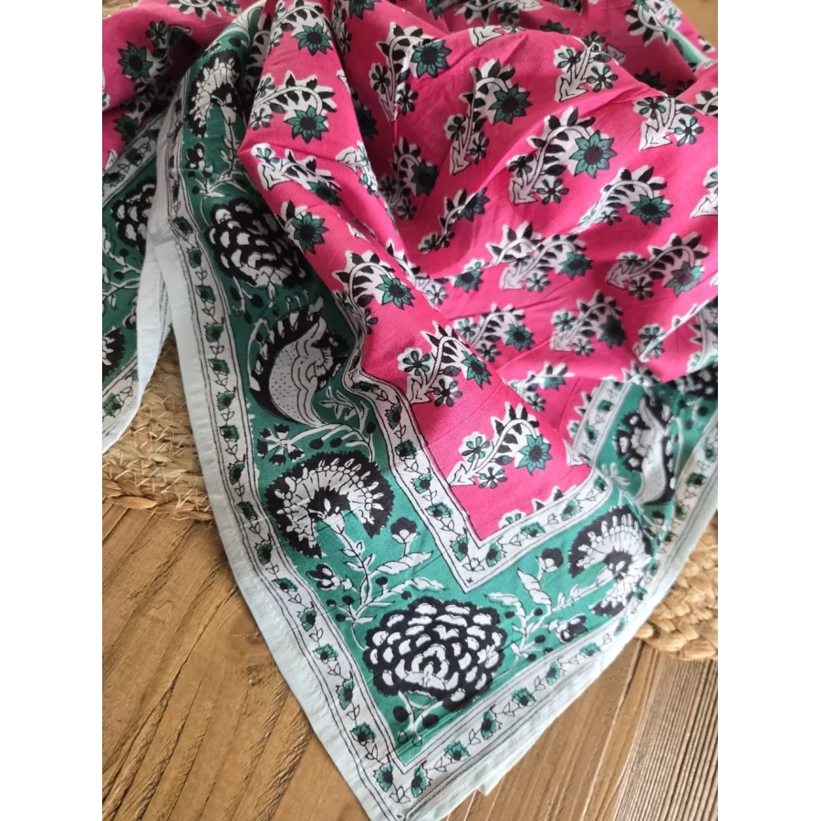 Foulard carré en coton fuchsia et vert