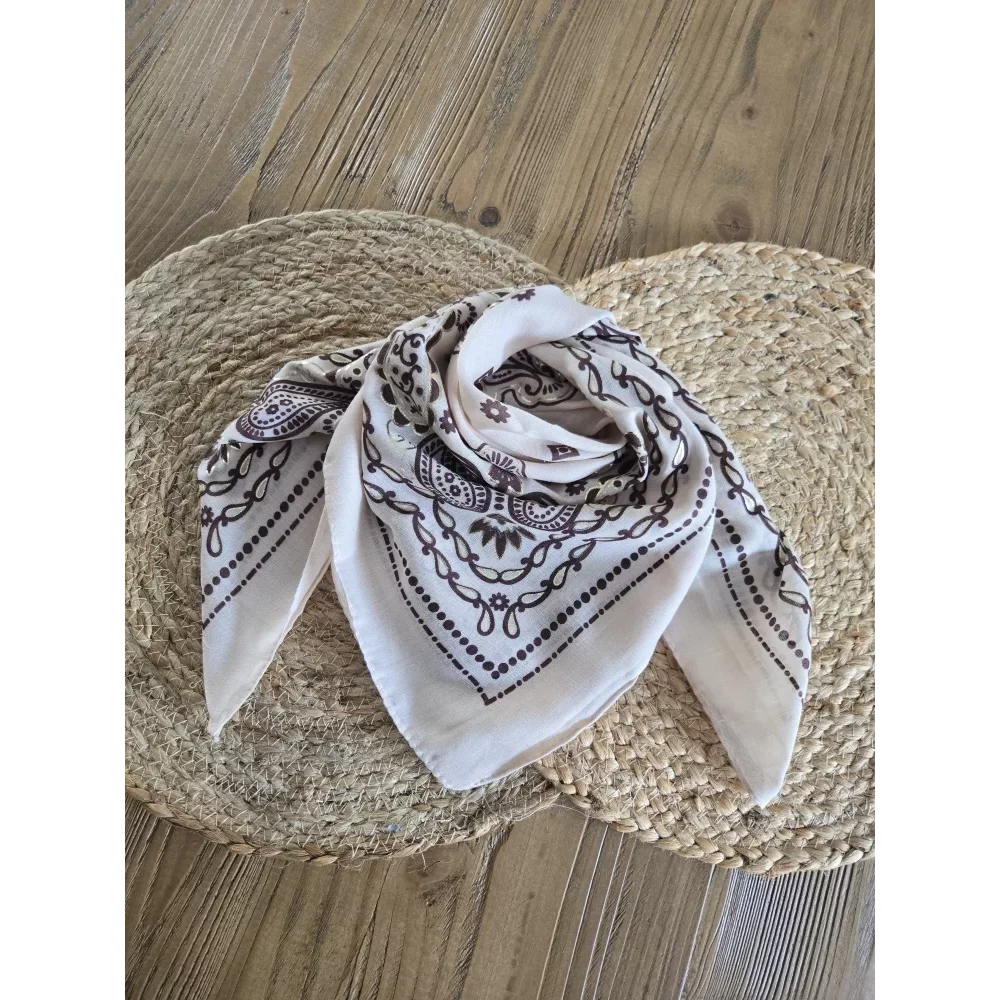 Foulard carré bandana beige liseré doré