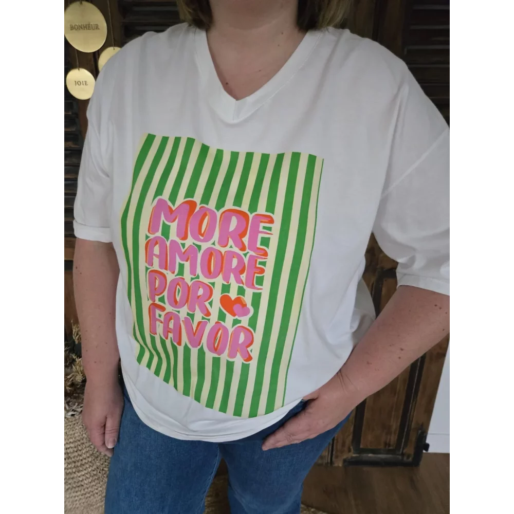 T-shirt blanc More Amor Por Favor rayures vertes