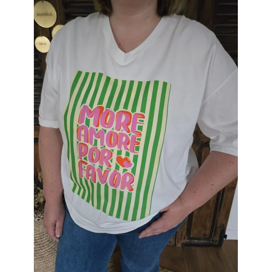 T-shirt blanc More Amor Por Favor rayures vertes