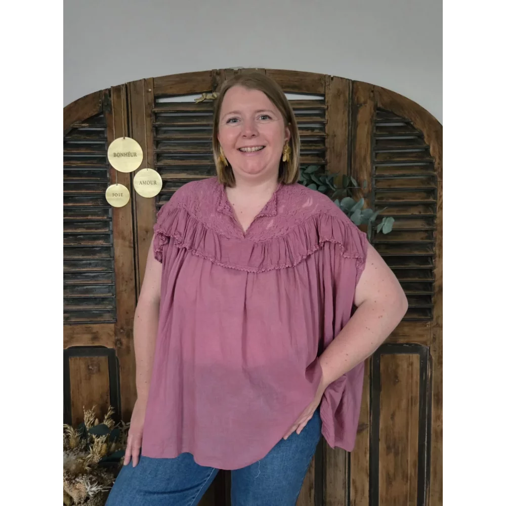 Blouse Ambre vieux rose coton et dentelle