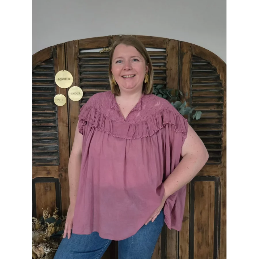 Blouse Ambre vieux rose coton et dentelle
