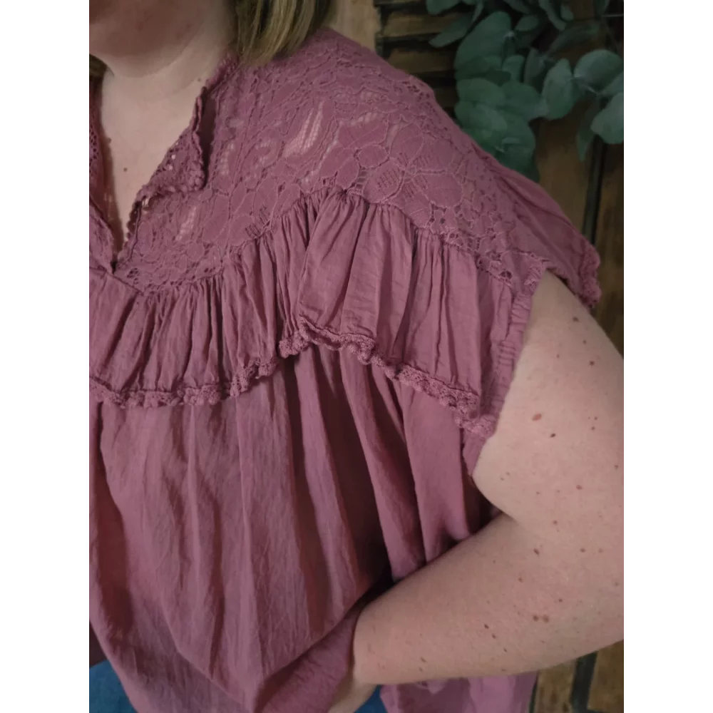Blouse Ambre vieux rose coton et dentelle