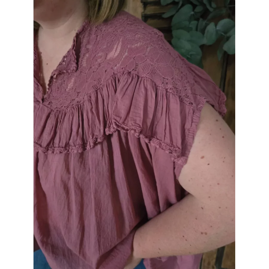 Blouse Ambre vieux rose coton et dentelle