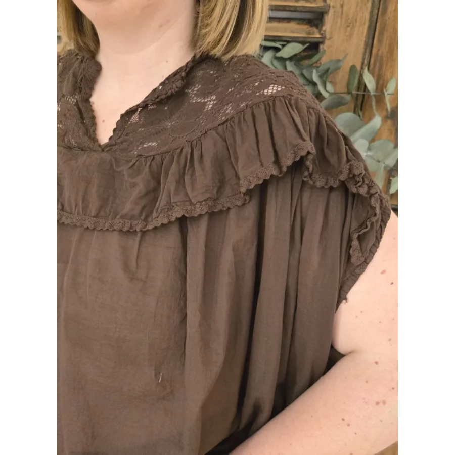 Blouse Ambre choco coton et dentelle