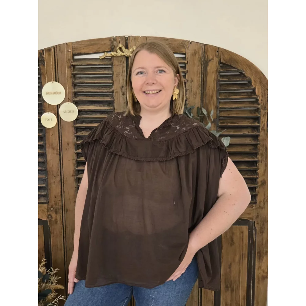 Blouse Ambre choco coton et dentelle