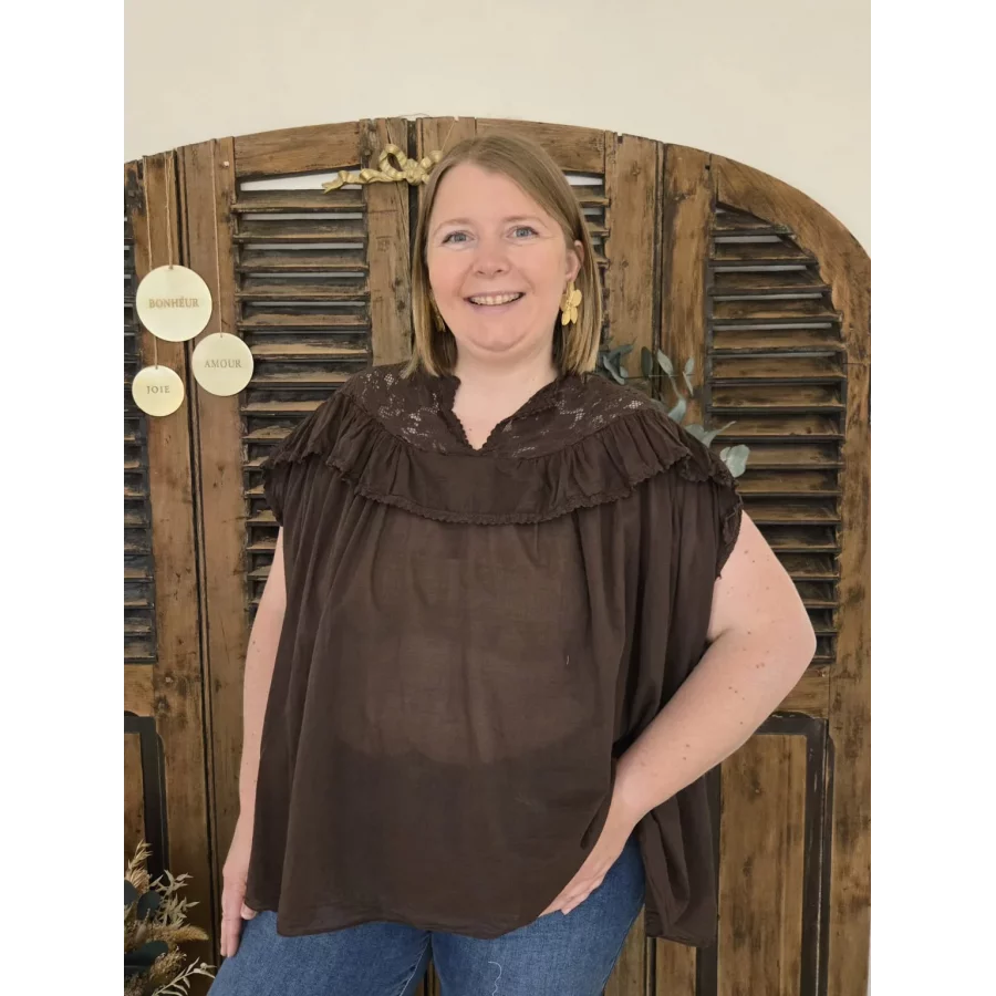 Blouse Ambre choco coton et dentelle
