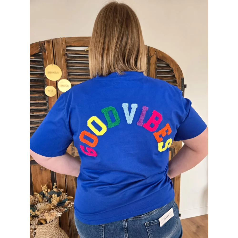 T-shirt Good Vibes bleu roy col V