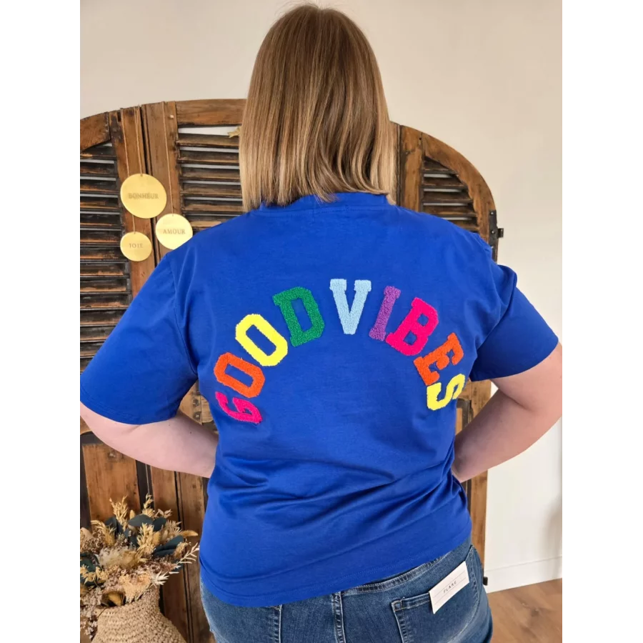 T-shirt Good Vibes bleu roy col V