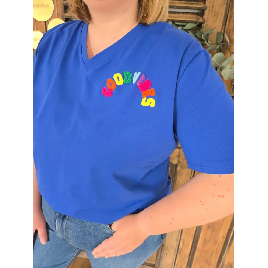T-shirt Good Vibes bleu roy col V