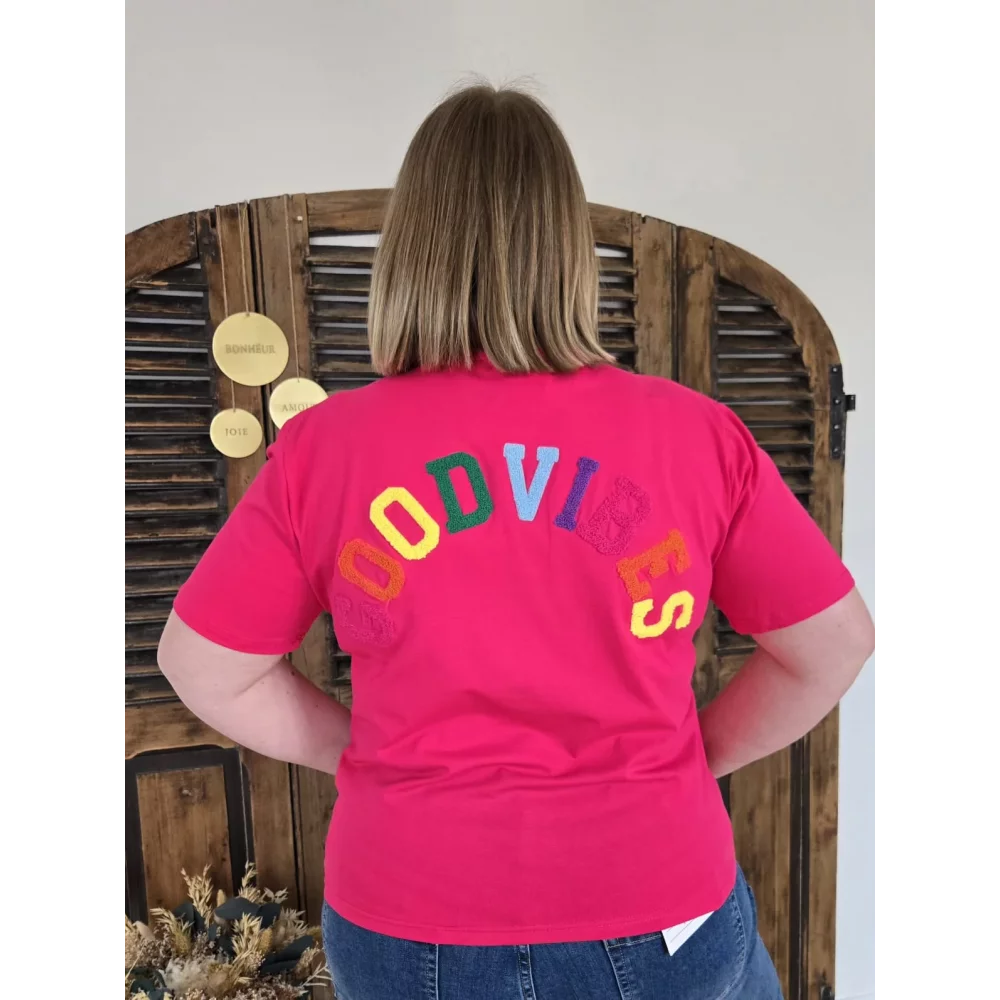 T-shirt Good Vibes fuchsia col V