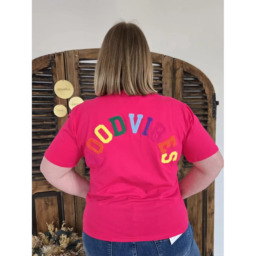 T-shirt Good Vibes fuchsia col V