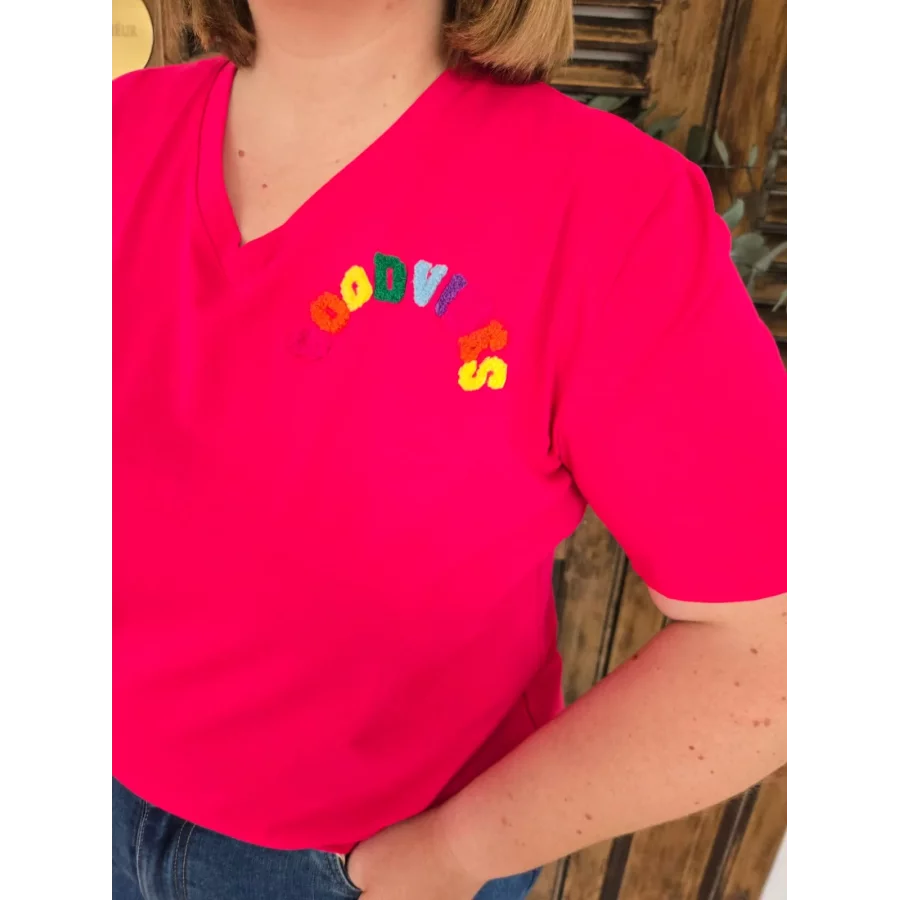 T-shirt Good Vibes fuchsia col V