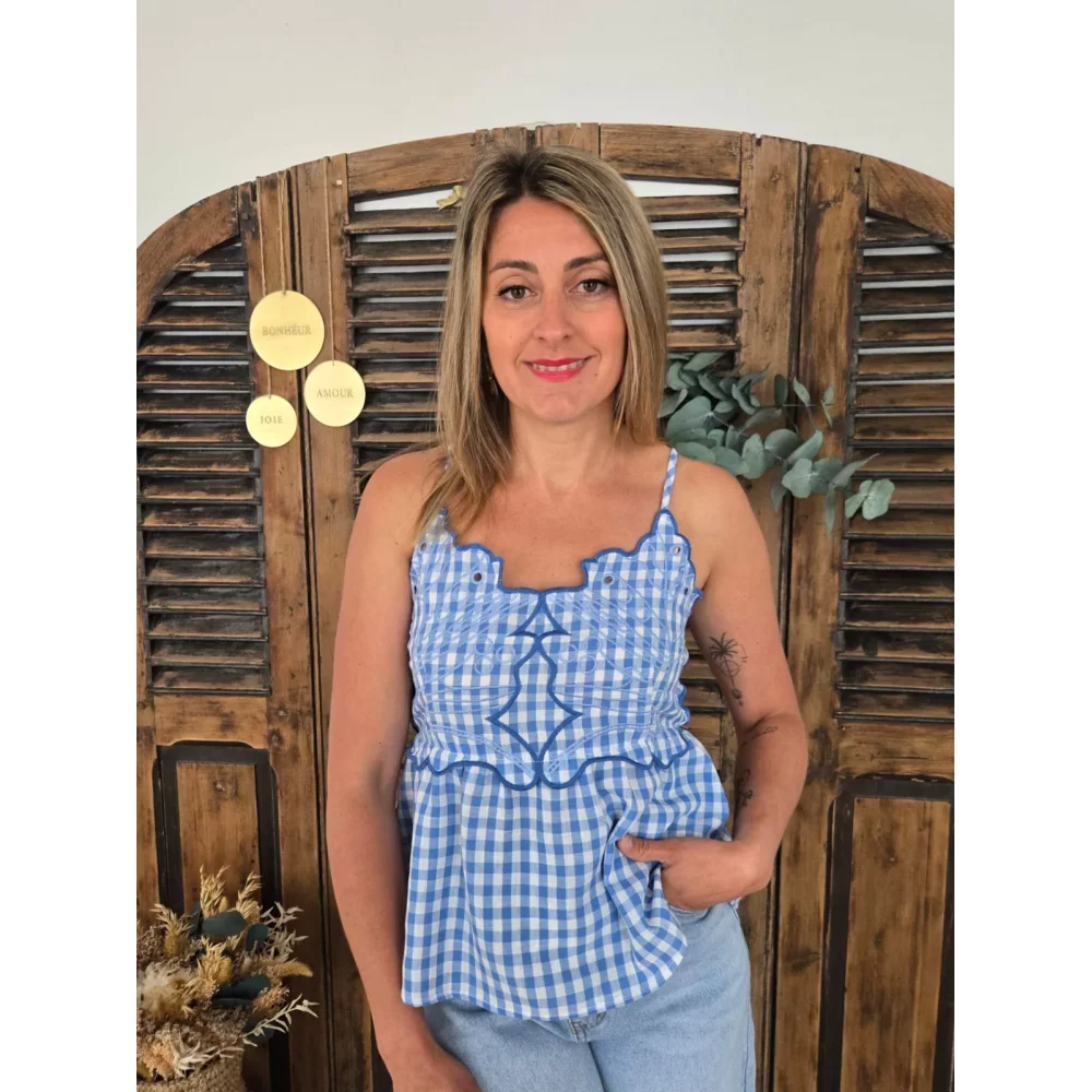 Top Guillaume vichy bleu et broderies
