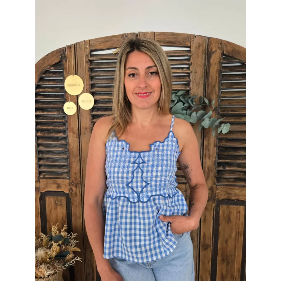 Top Guillaume vichy bleu et broderies