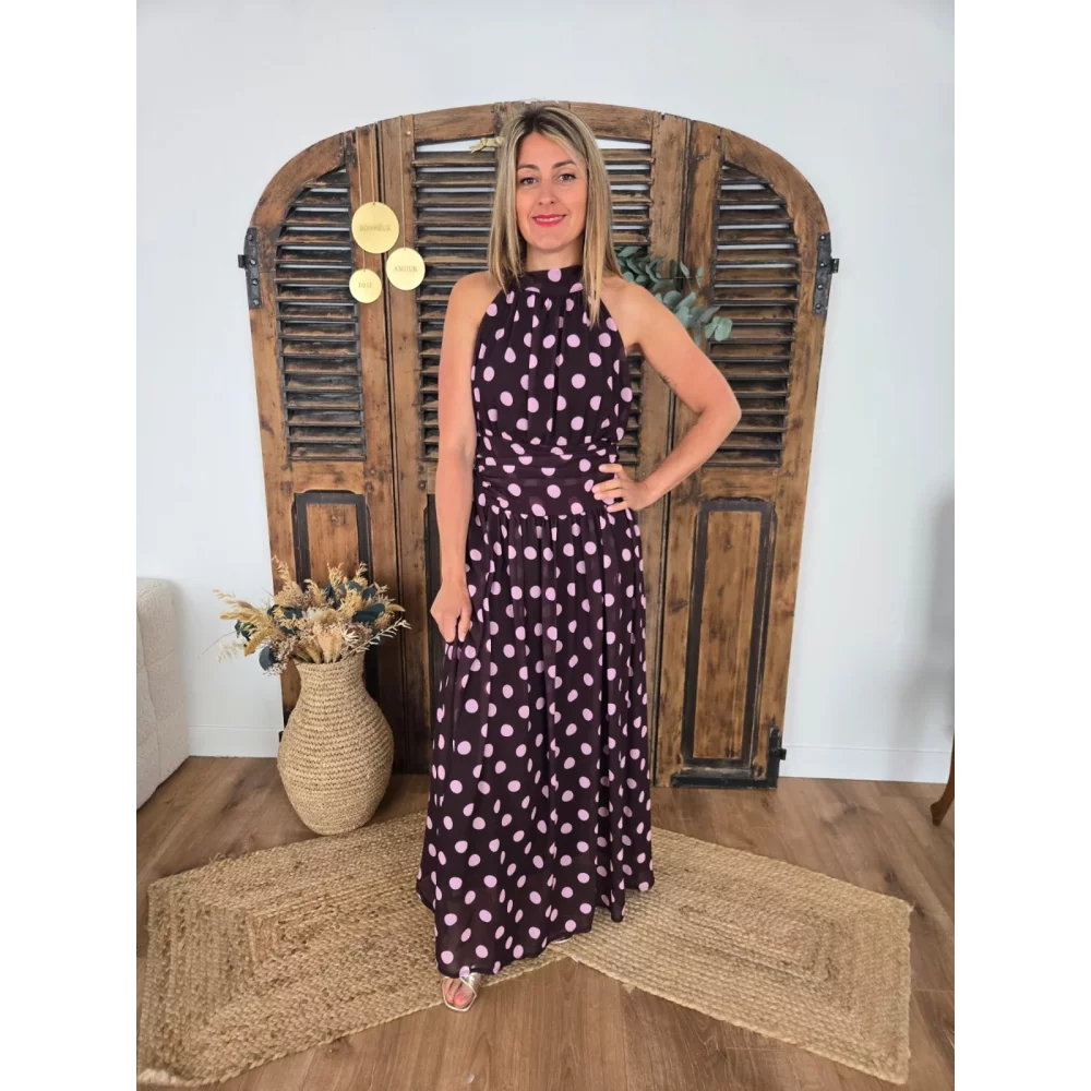 Robe longue Margaux voile choco pois rose