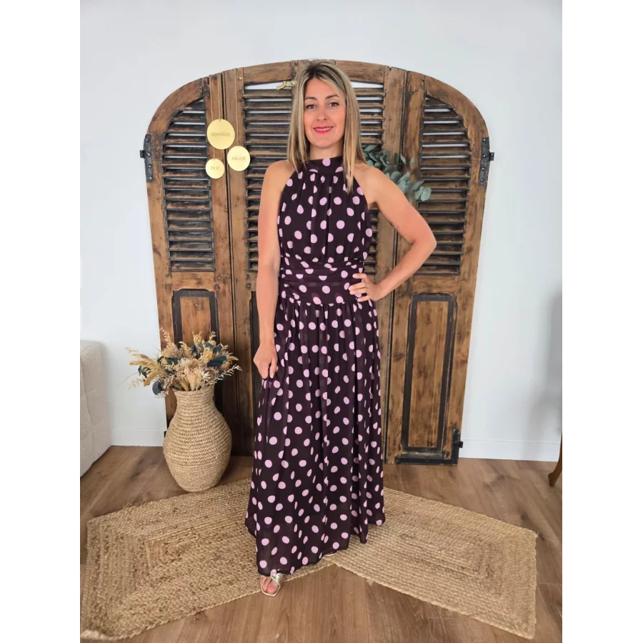Robe longue Margaux voile choco pois rose