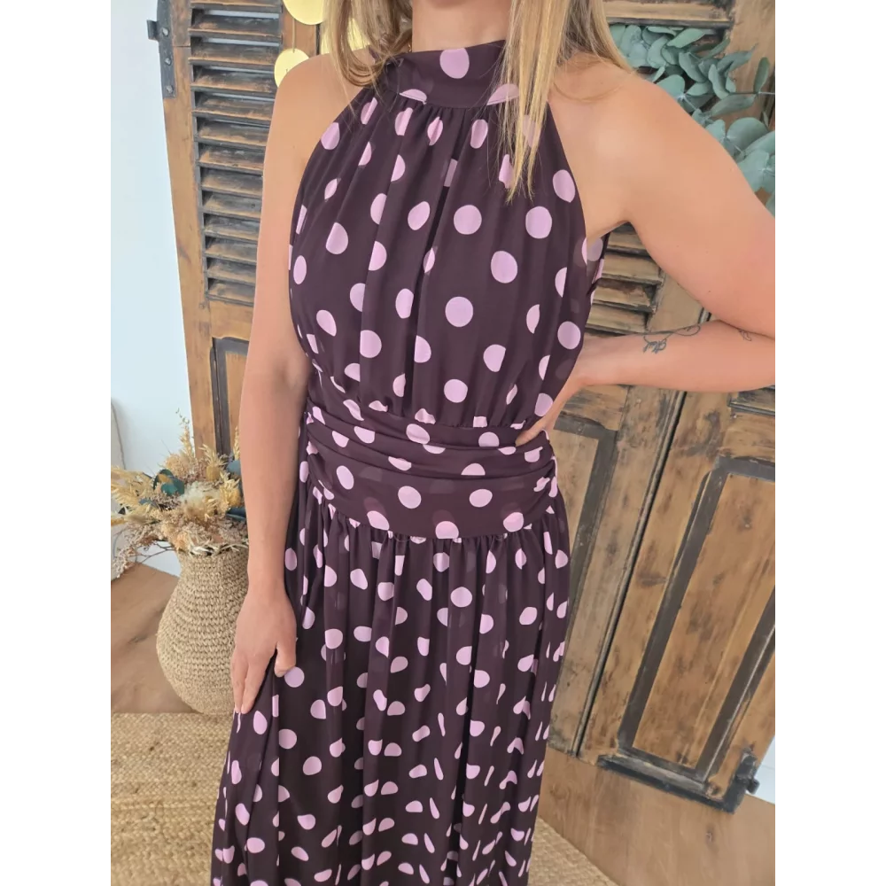 Robe longue Margaux voile choco pois rose