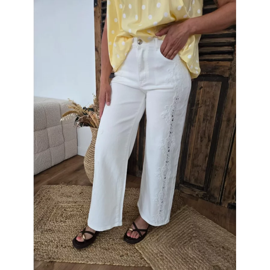 Jean Isidore wideleg blanc bande dentelle