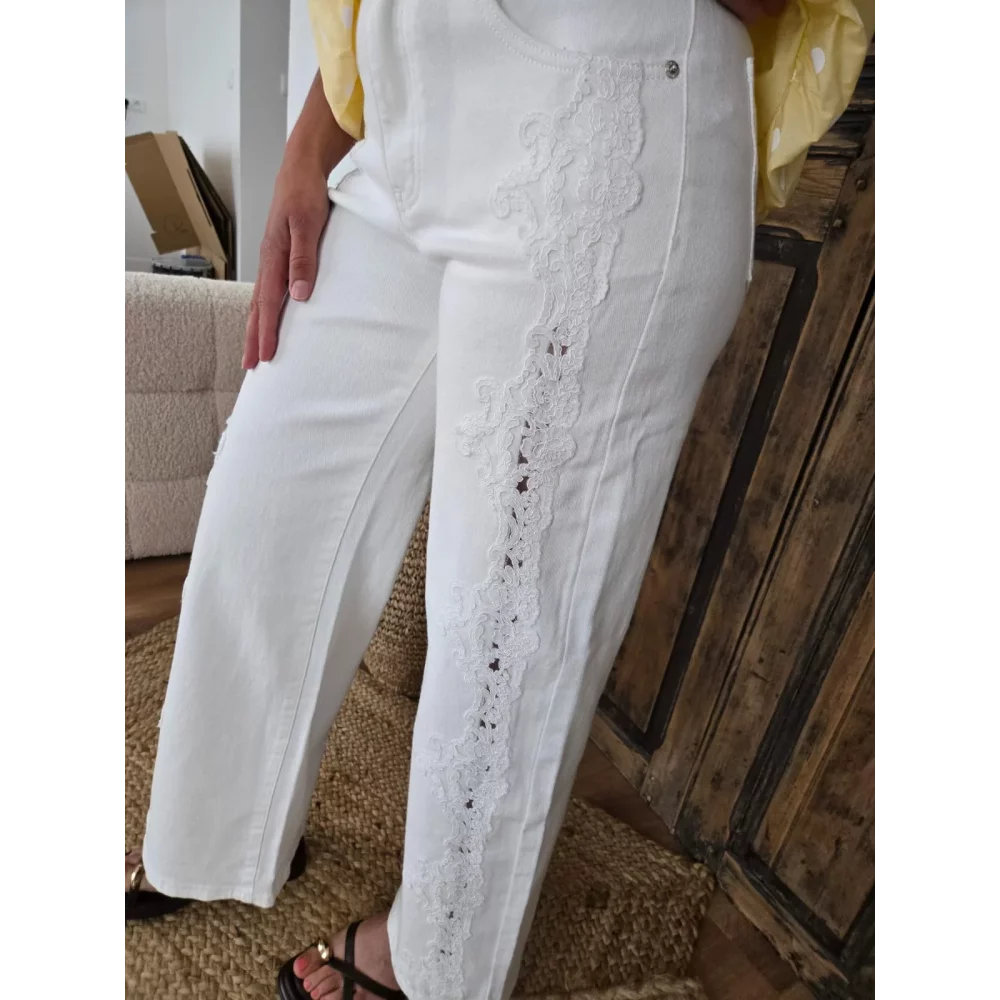 Jean Isidore wideleg blanc bande dentelle