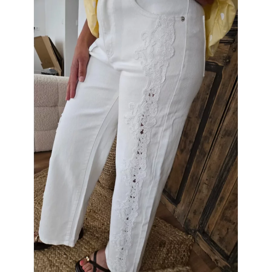 Jean Isidore wideleg blanc bande dentelle