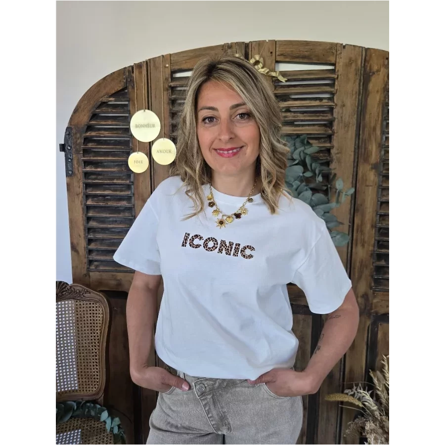 T-shirt Iconic blanc leopard