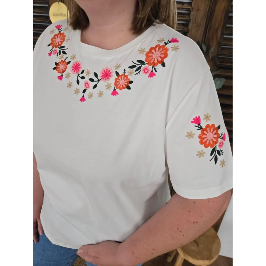 T-shirt Achille blanc fleurs brodées