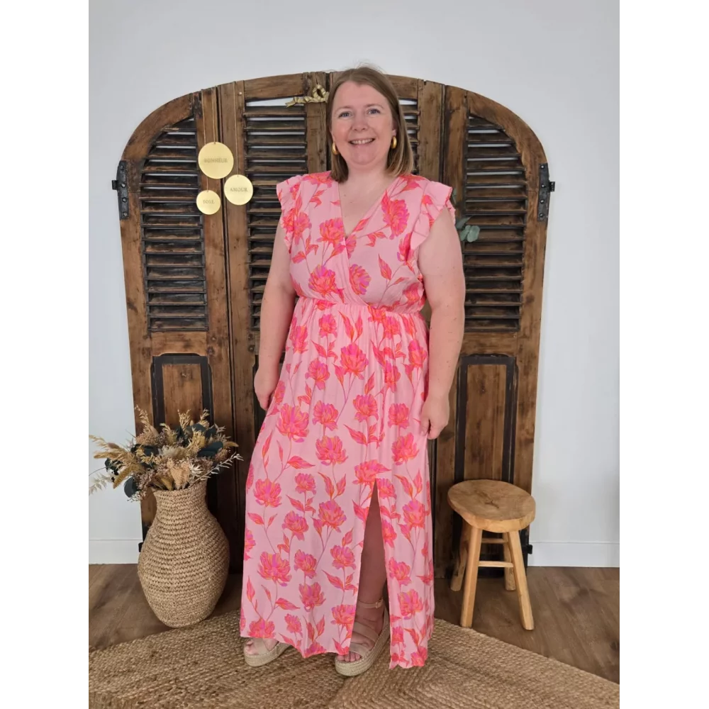 Robe longue Judith rose fleurs fuchsia