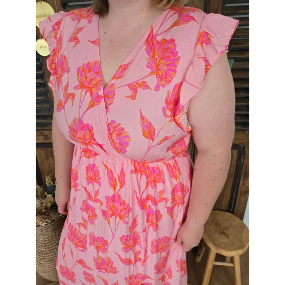 Robe longue Judith rose fleurs fuchsia