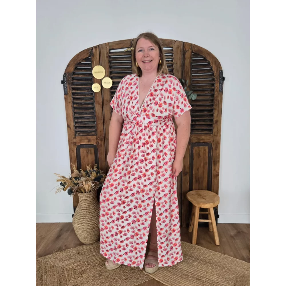 Robe longue Madeleine fleurs corail