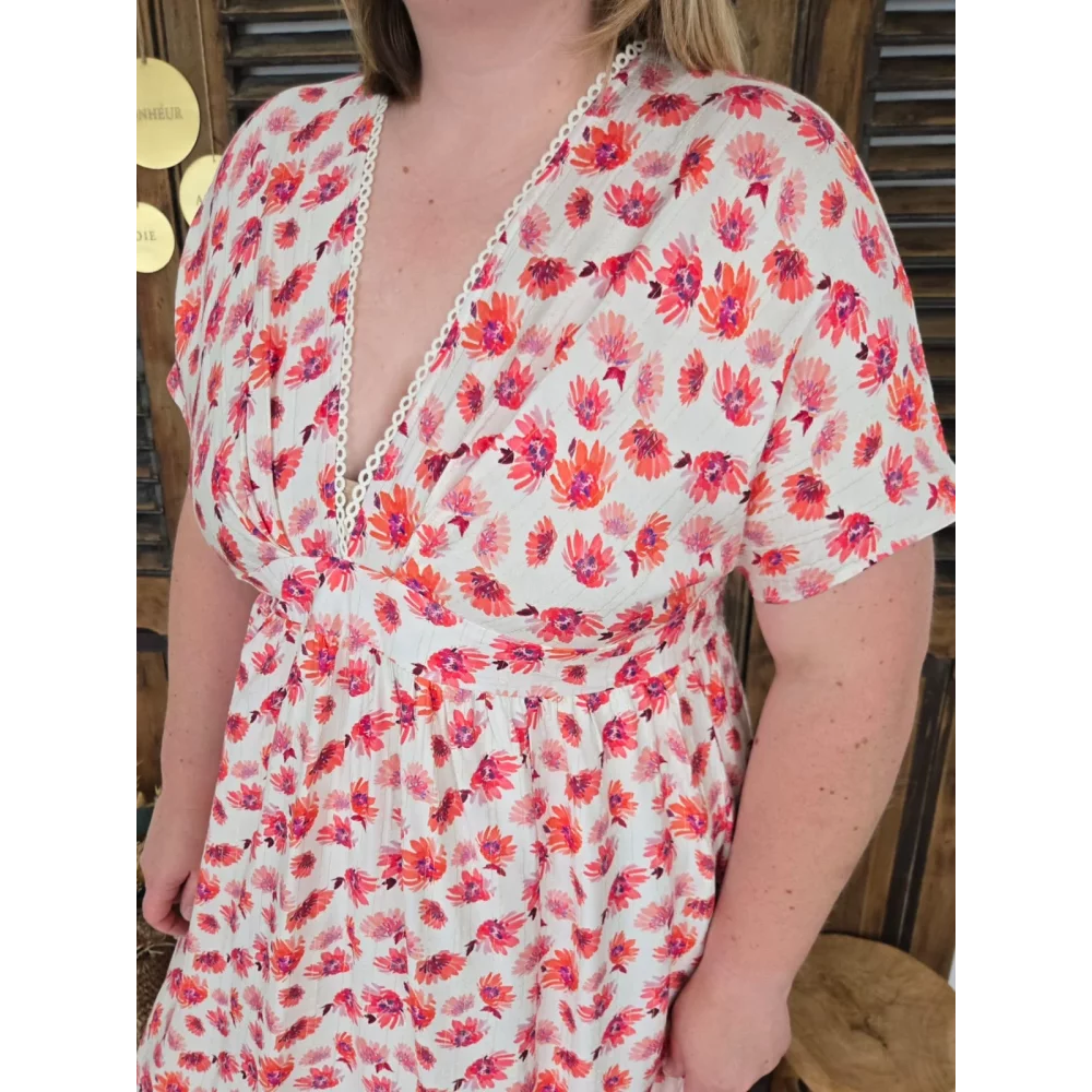 Robe longue Madeleine fleurs corail