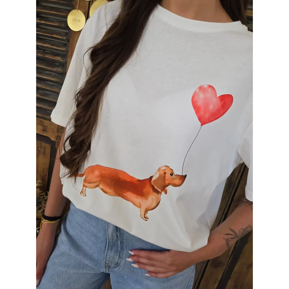 T-shirt Teckel ballon coeur blanc