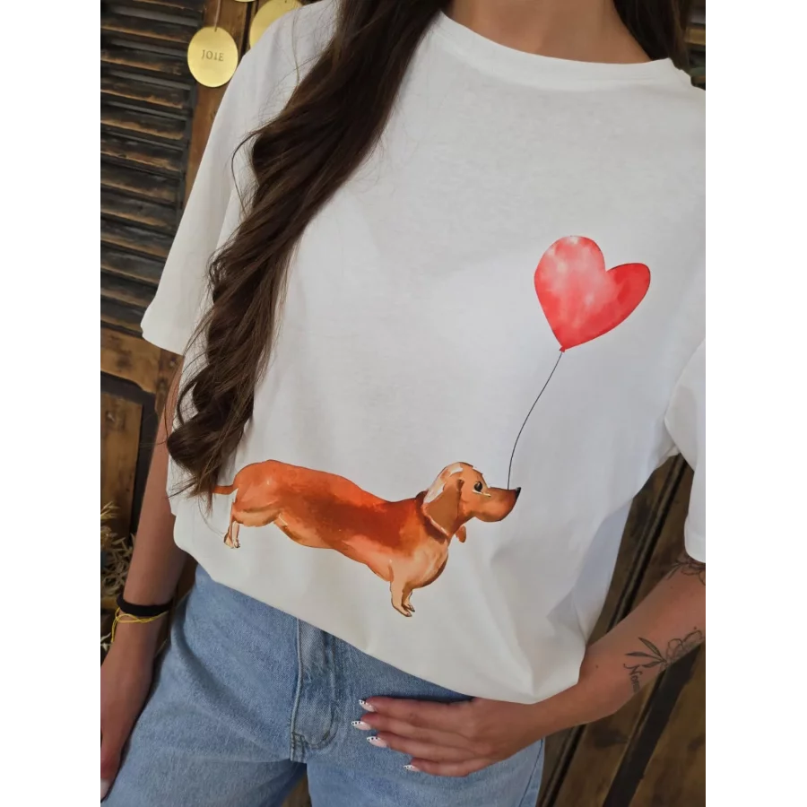 T-shirt Teckel ballon coeur blanc