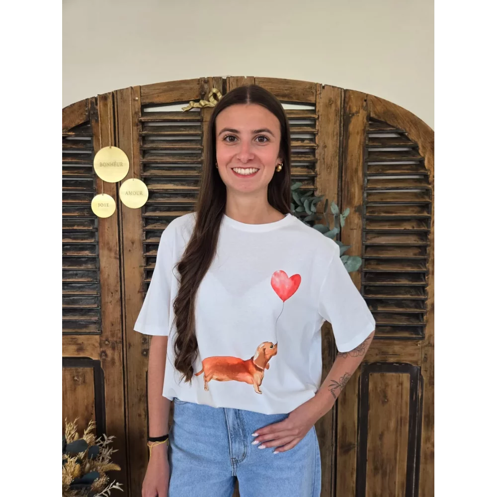T-shirt Teckel ballon coeur blanc