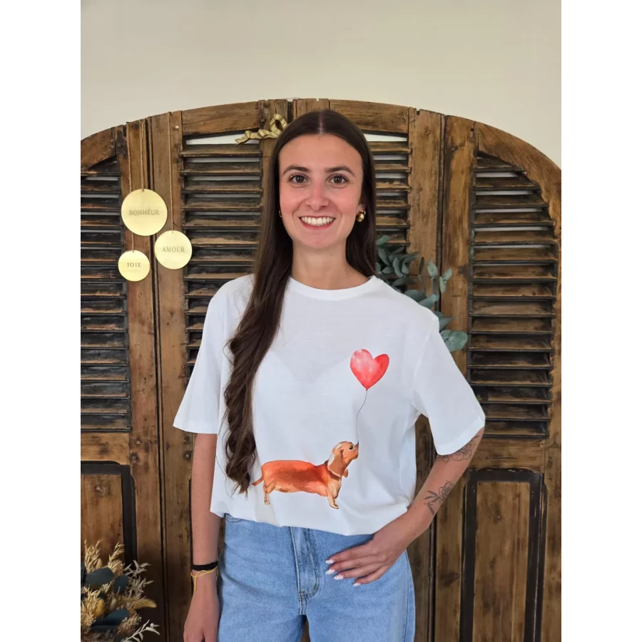 T-shirt Teckel ballon coeur blanc