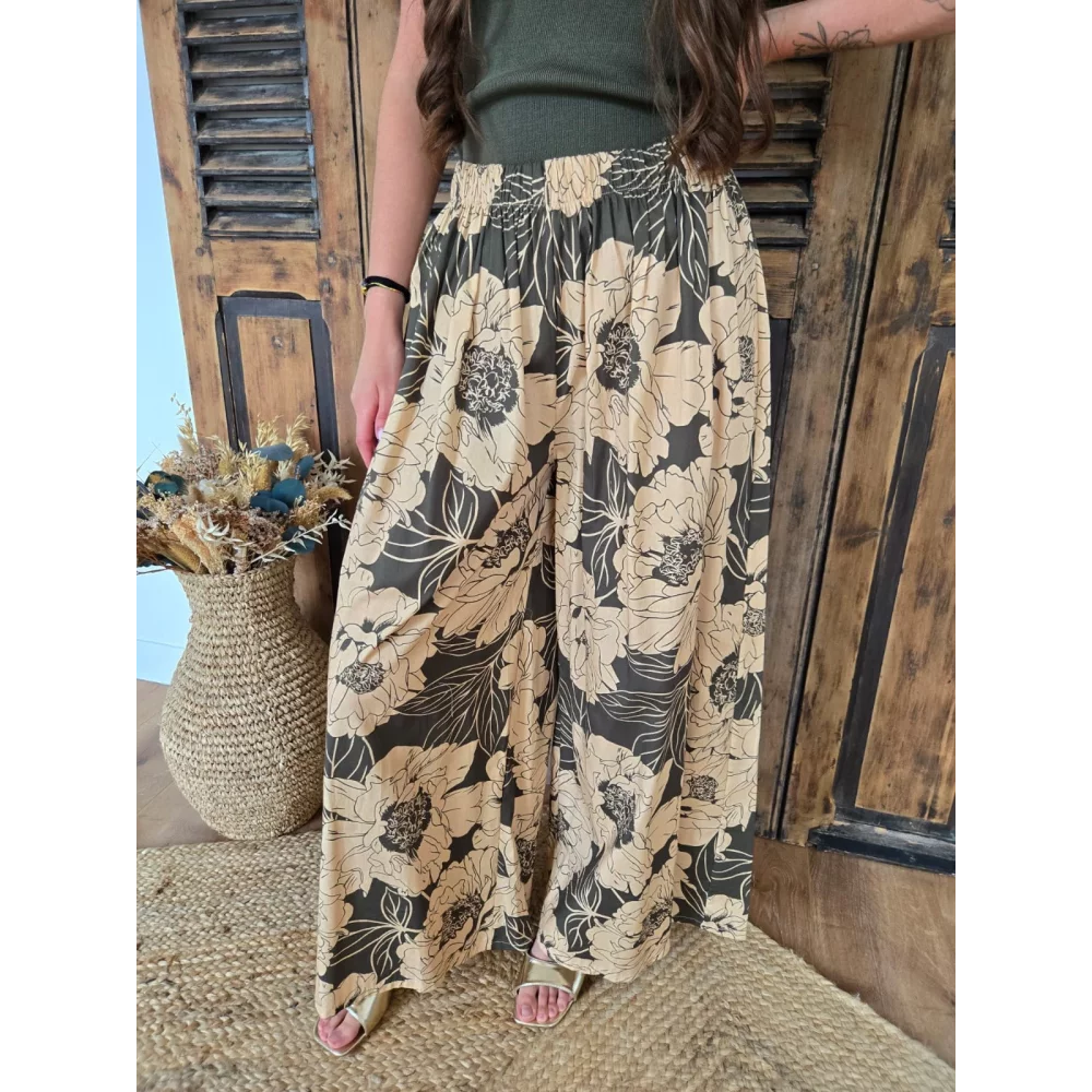 Pantalon fluide en coton fleurs camel et kaki