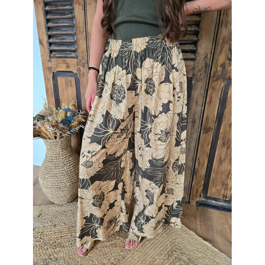 Pantalon fluide en coton fleurs camel et kaki